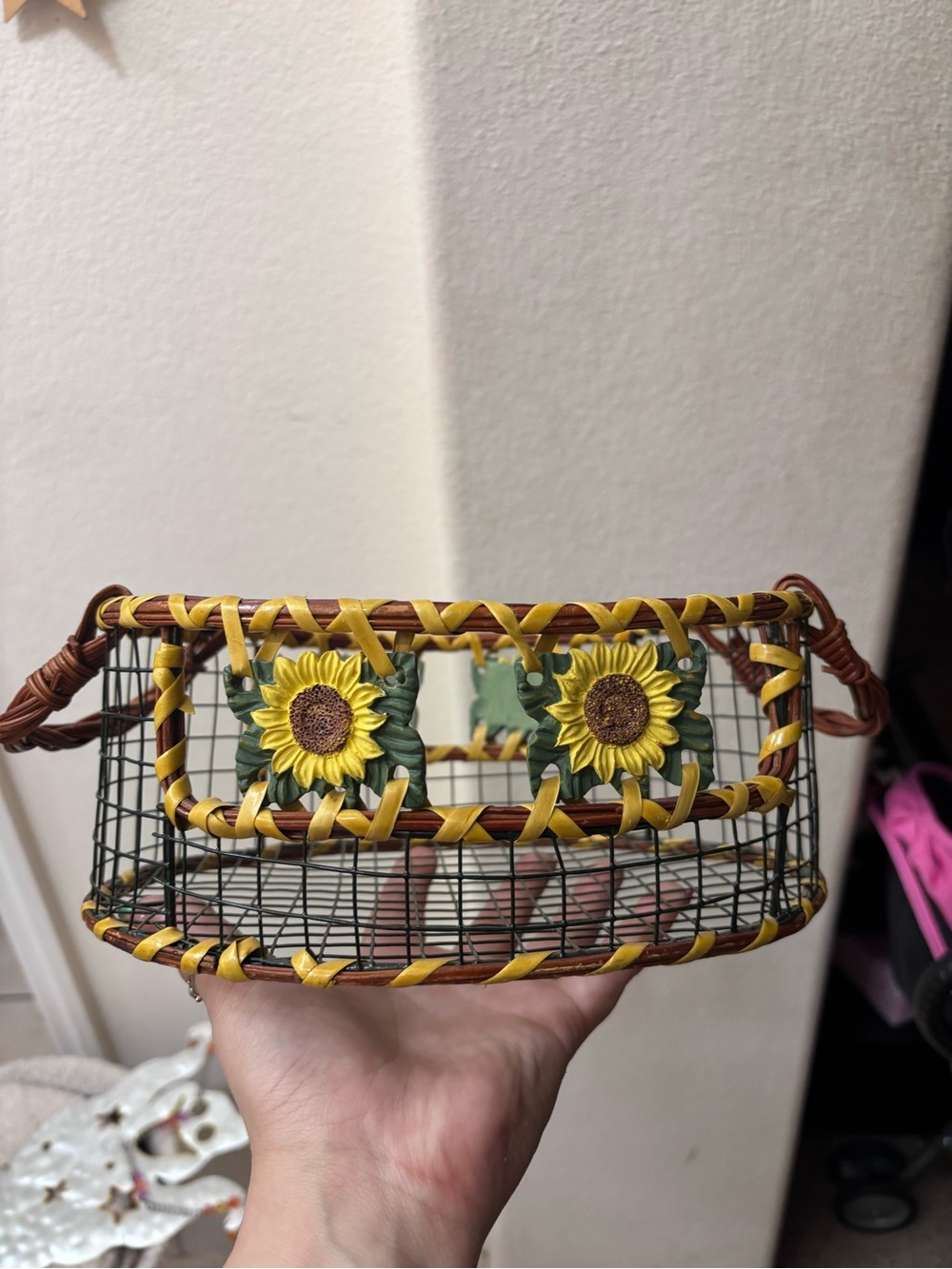 Sunflower Accent Wire Basket Bag - Yellow Floral Detail